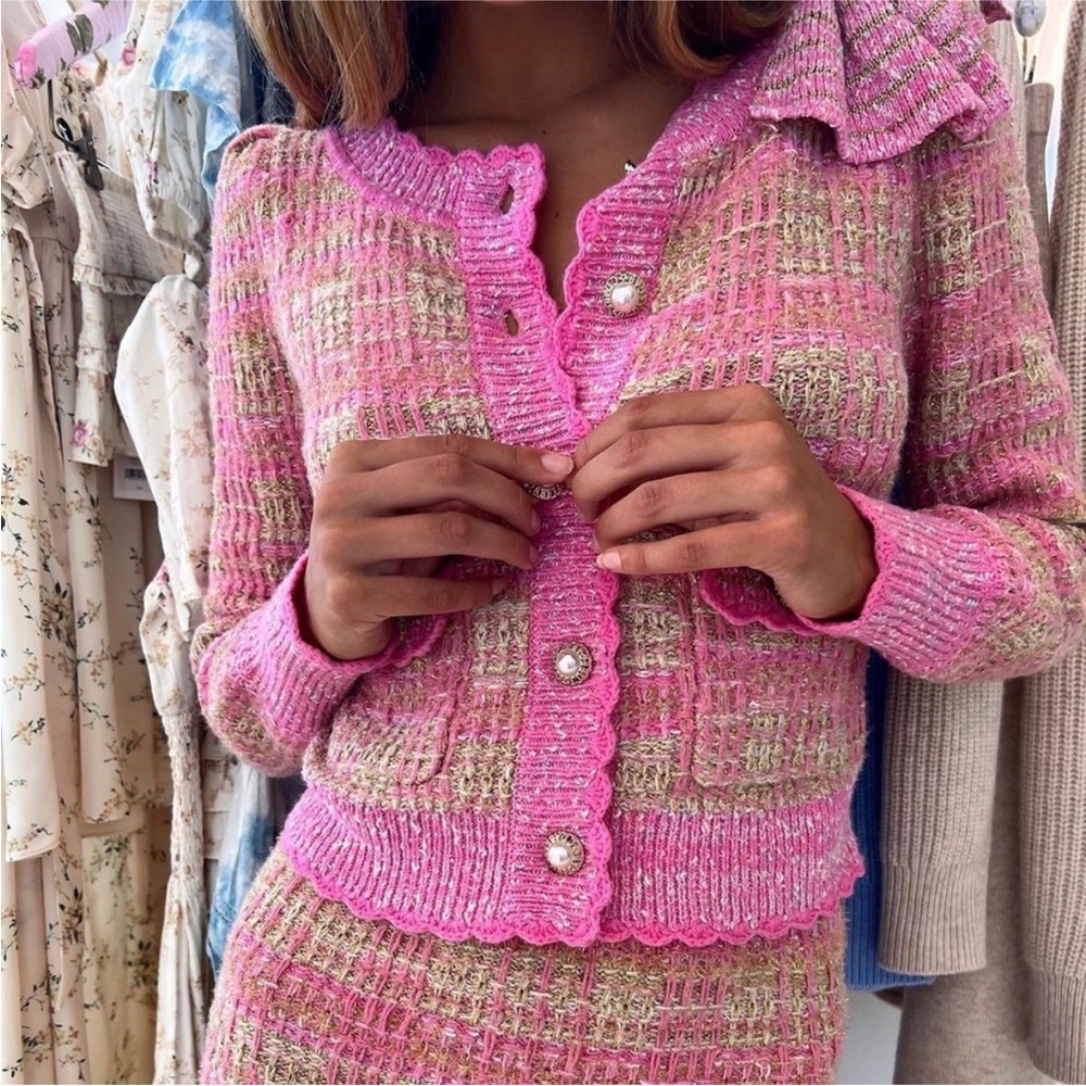 RARE 🎀 LoveShackFancy Crop Cardigan Jacket + Skirt Set in Barbie Pink